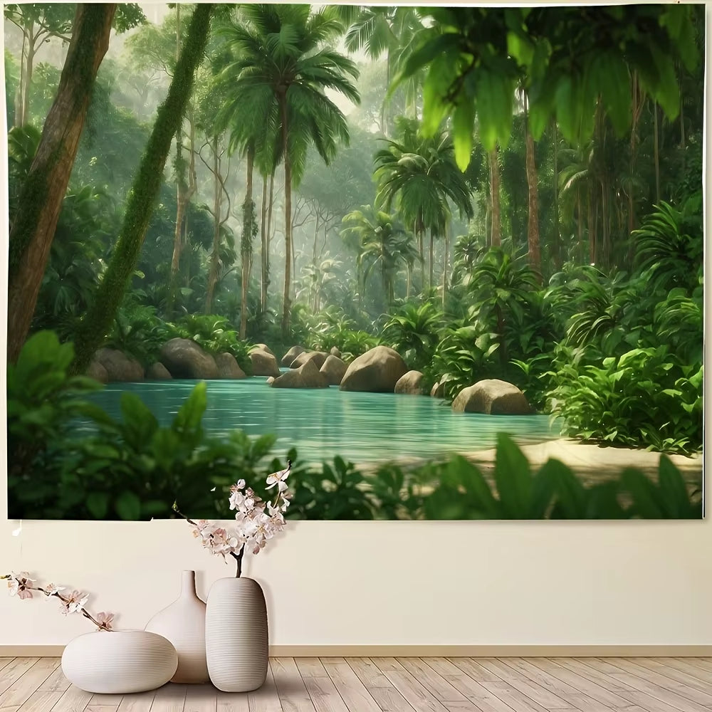 Lush Tropical Forest Greenery Background - Vibrant, Realistic Living Room and Bedroom Decor Wall Hanging, Polyester Fabric
