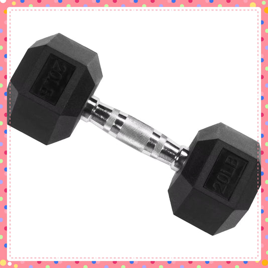 20Lb Black Rubber Encased Hex Dumbbell Single, Non-Roll Design for Home Gym Strength Training & Weightlifting
