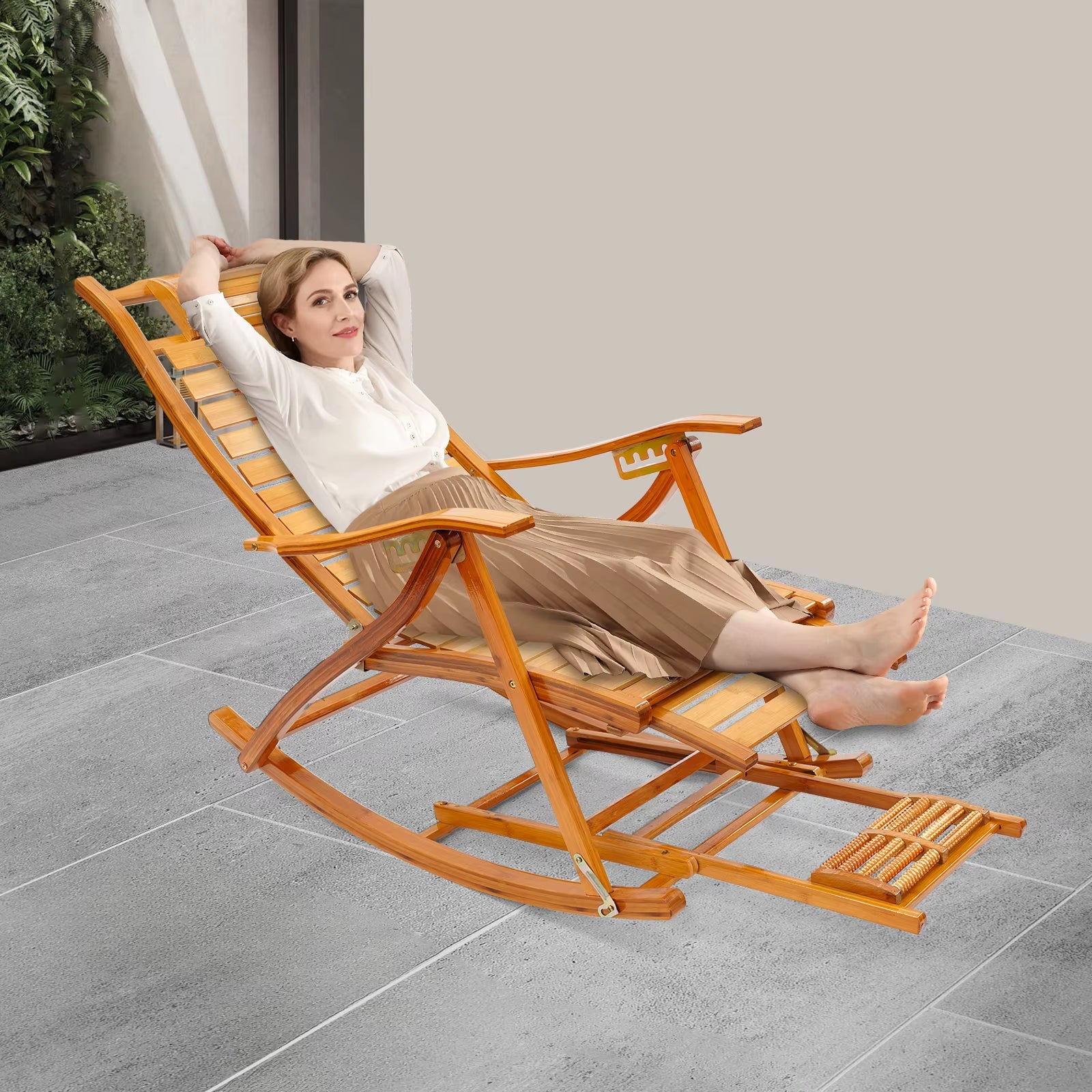 Rocking Chair, Foldable Bamboo Sun Lounger Chair, Lounge Chair with Adjustable Armrest and Footrest for Balcony Camping Garden