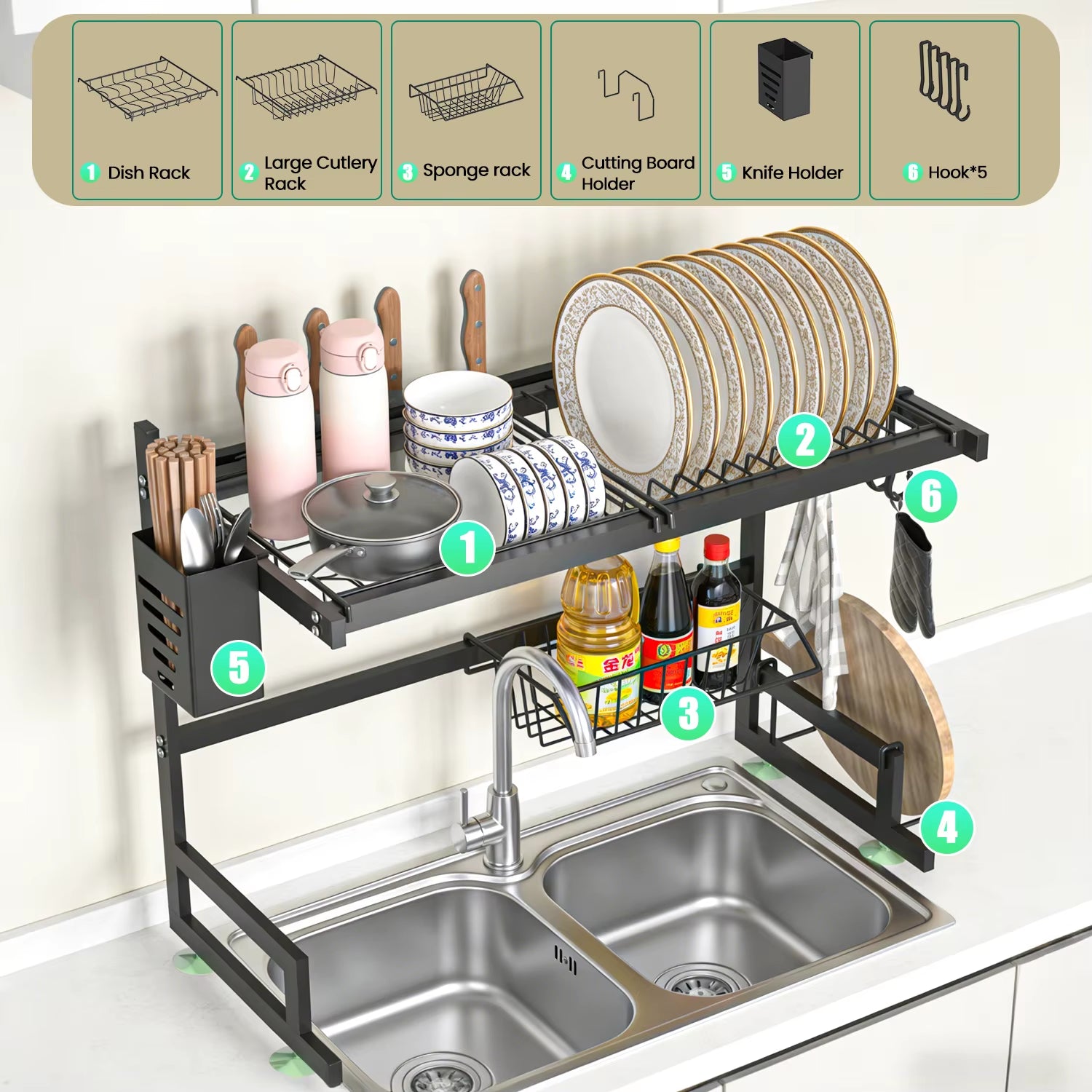 Dish Rack above Sink - Two-Tier Large Capacity Draining Rack with Knife and Utensil Holder Home Decor