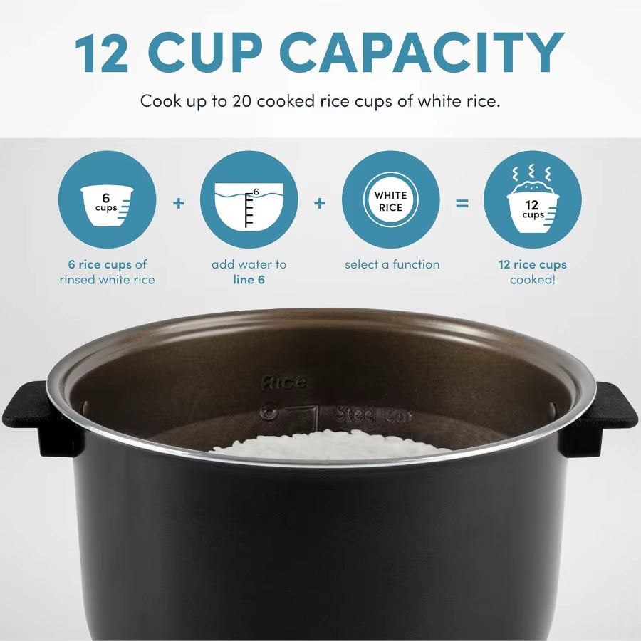 6-Cup Uncooked /12-Cup (Cooked) Slow Cook Rice Cooker with Lift-Out Pot Handles and Silicone Storage Lid Pfas-Free Ceramic Coat