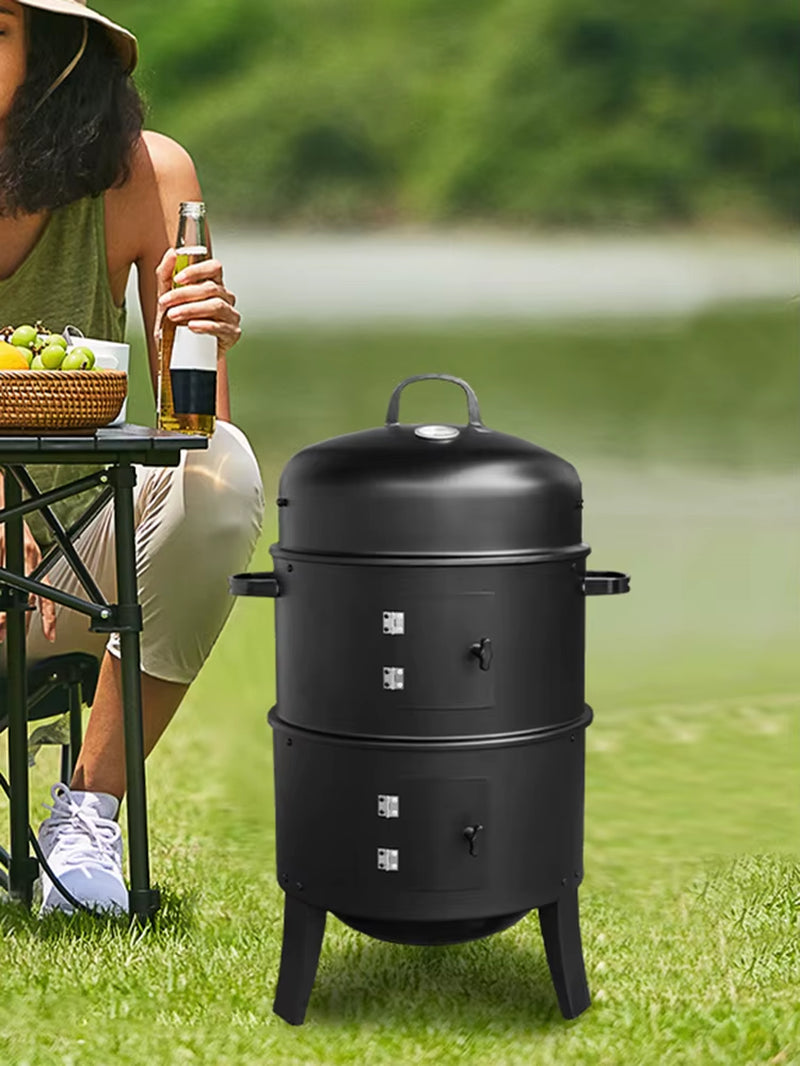 Vertical Charcoal Smoker with Built-In Thermometer BBQ Smoker Grill 2 Access Doors for Parties Camping Outdoor Cooking