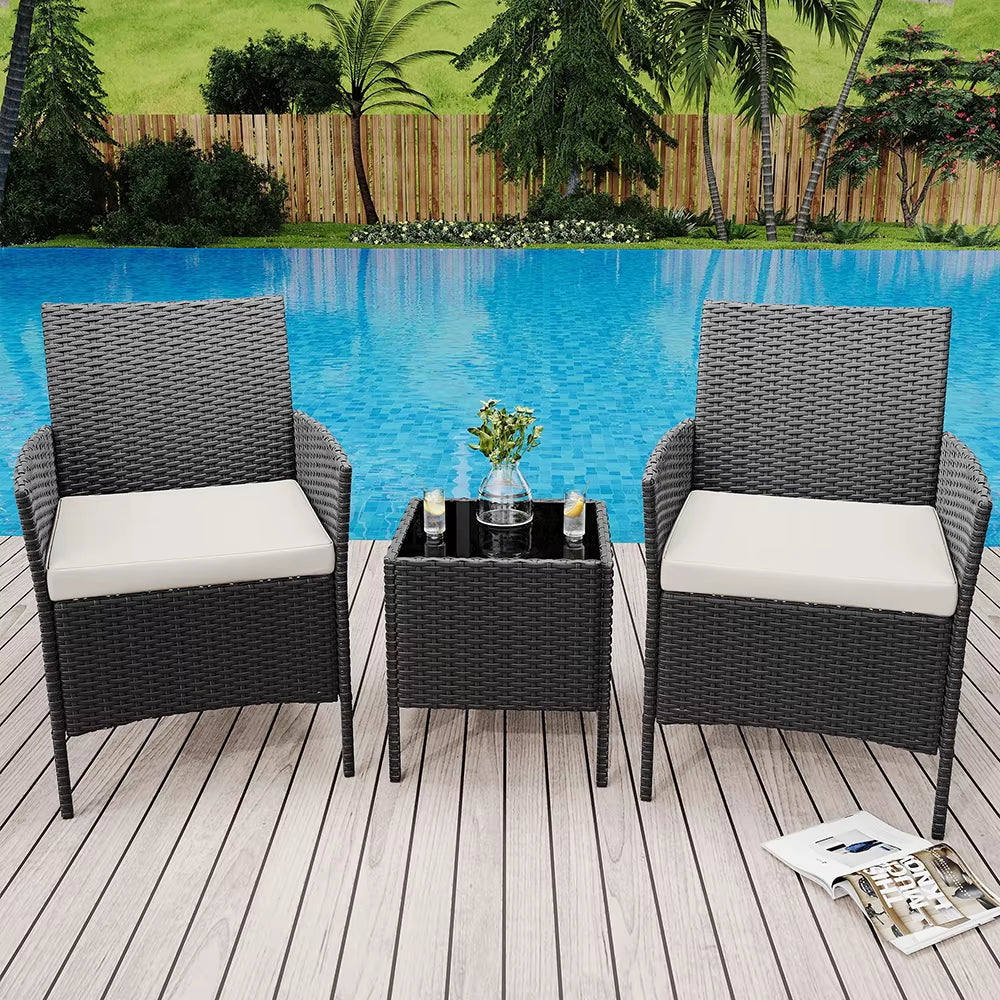 3-Piece Wicker Patio Sofa Set, All-Weather Rattan Conversation Set with Cushions & Glass Coffee Table for Garden, Porch, Lawn
