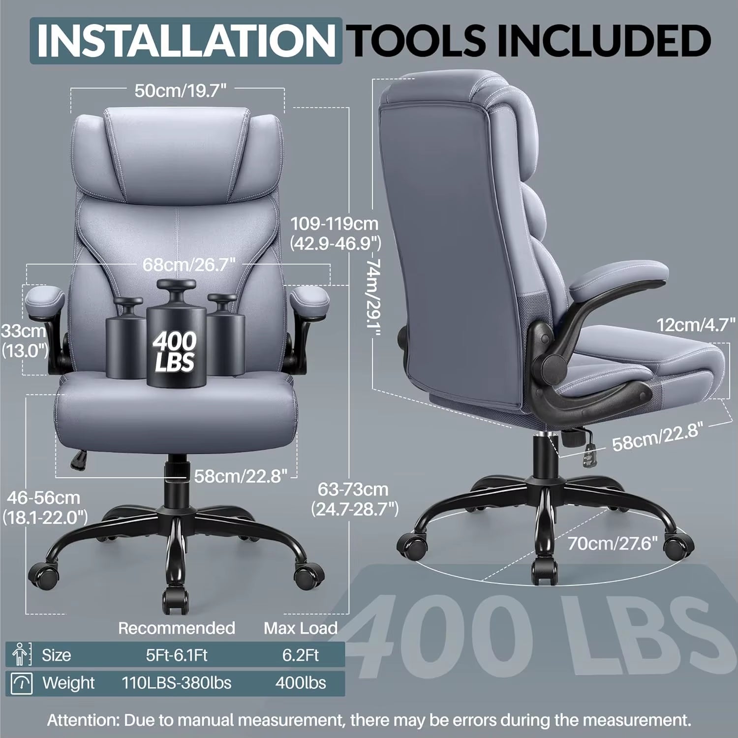 Ergonomic Leather Office Chair with Adjustable High Back and Flip-Up Armrests for Big and Tall Users, Customizable Lumbar Support