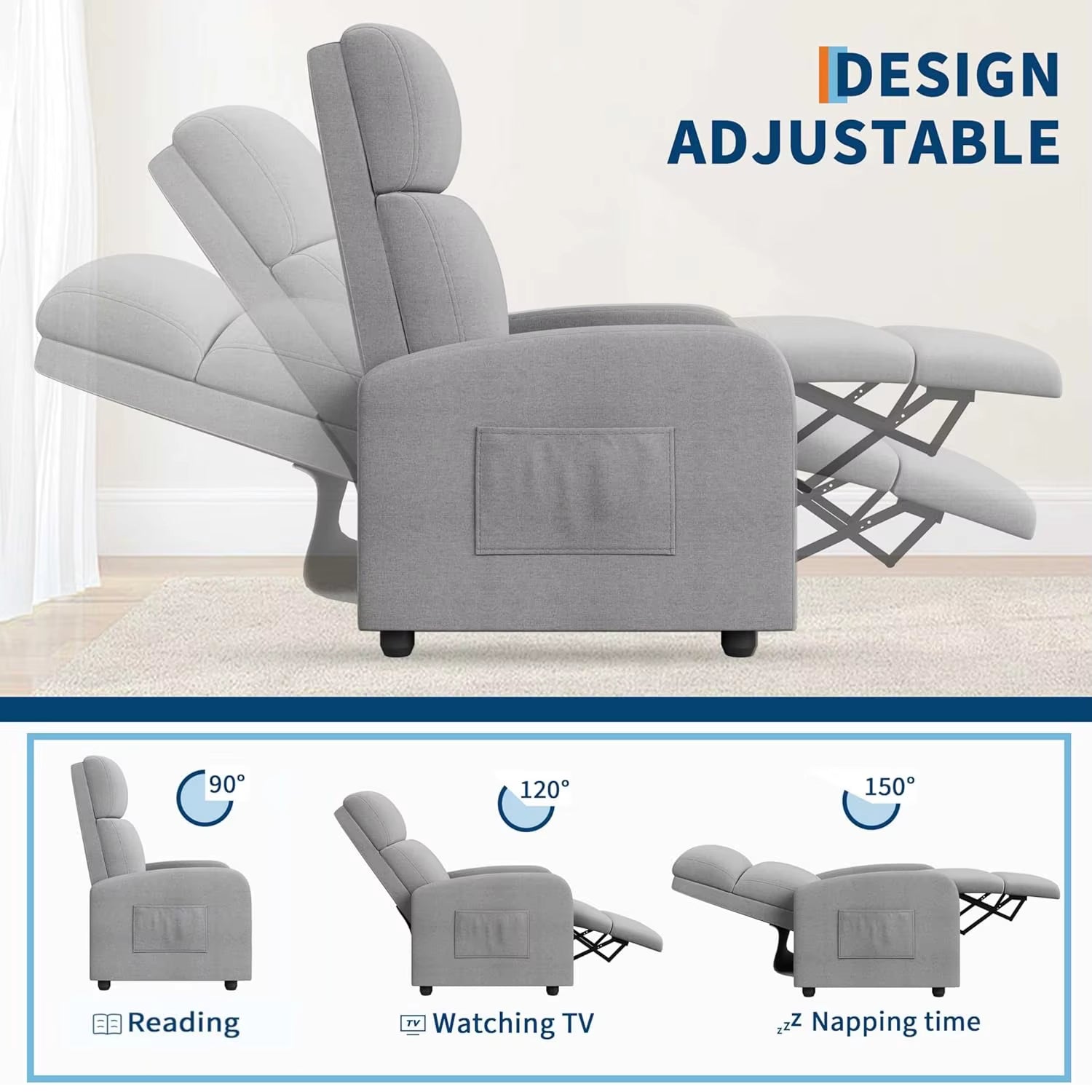 Push Back Recliner Chair for Adults, Lazy Adjustable Single Sofa with Side Pocket Ergonomic Home Theater Seating for Living Room