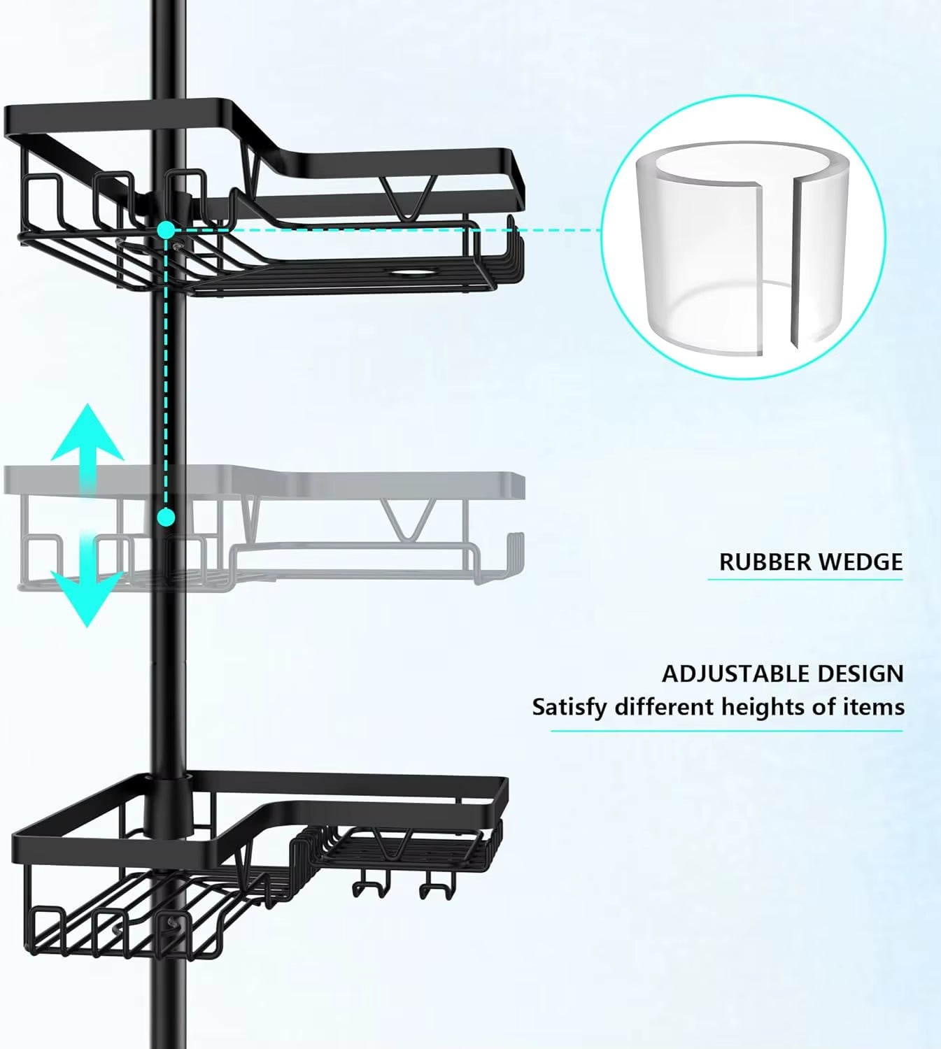 4-Tier Stainless Steel Adjustable Shower Caddy Tension Pole for Bathroom Organization, Rustproof Black