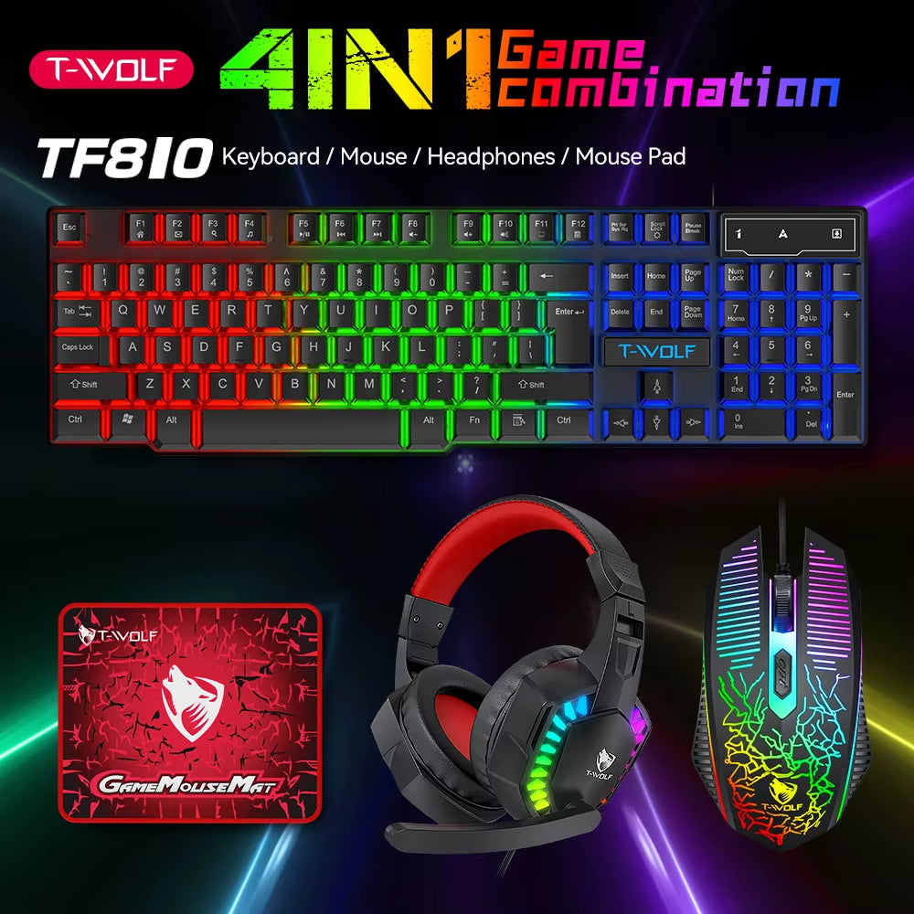 USB Keyboard and Mouse Gaming Headset Combos 4 in 1 English Gaming Wired RGB Keyboard Mouse Set with Mouse Pad and Headphones