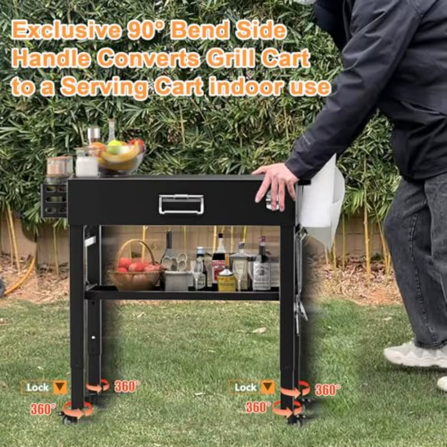 Outdoor Portable Grill Cart for Ninja Woodfire OG700 Series Griddle 28/34 Upgrade Height Quick-Fold Design Black with 4 Swivel