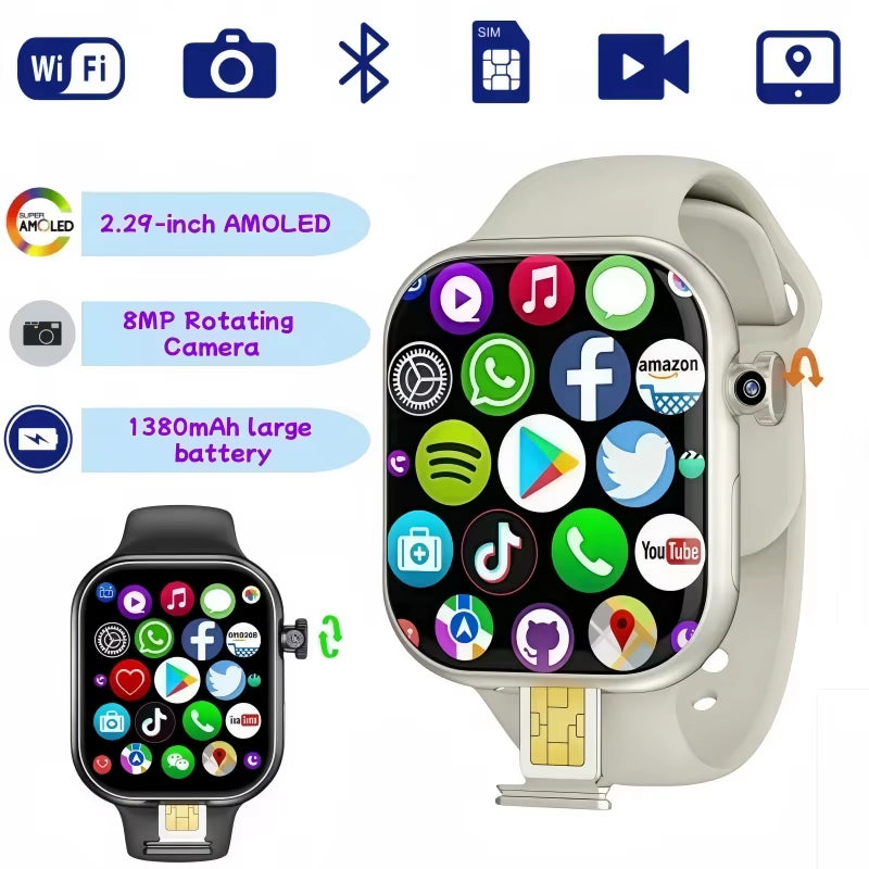2025 New 4G Full Network Android Smart Watch SIM Card GPS WIFI Rotary Camera Multi Sport Mode Health Tracking Fitness Monitor