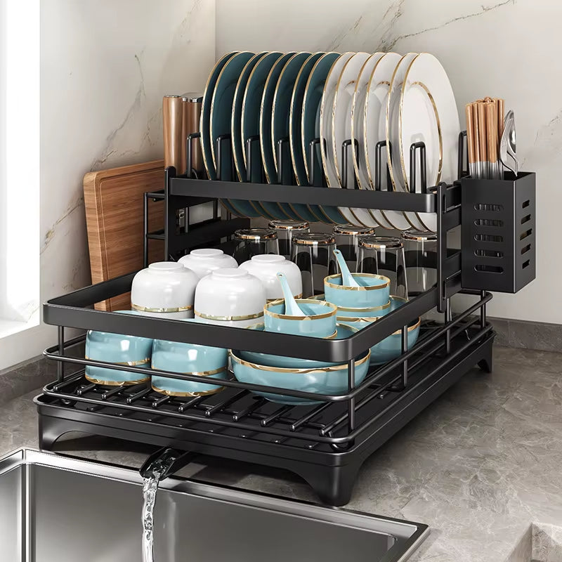 Adjustable Stainless Steel Dish Drying Rack with Drainboard for Over-Sink Plate Organization