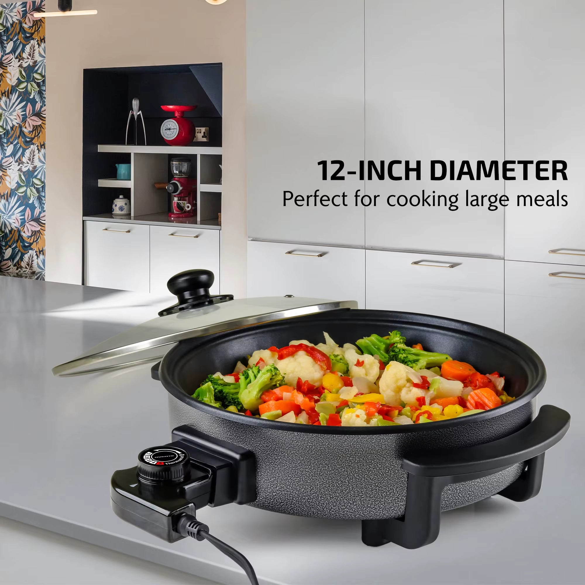 12 Inch Electric Skillet and Frying Pan with Nonstick Coating, 1400W Power, Adjustable Temperature Control, Tempered Glass Lid W