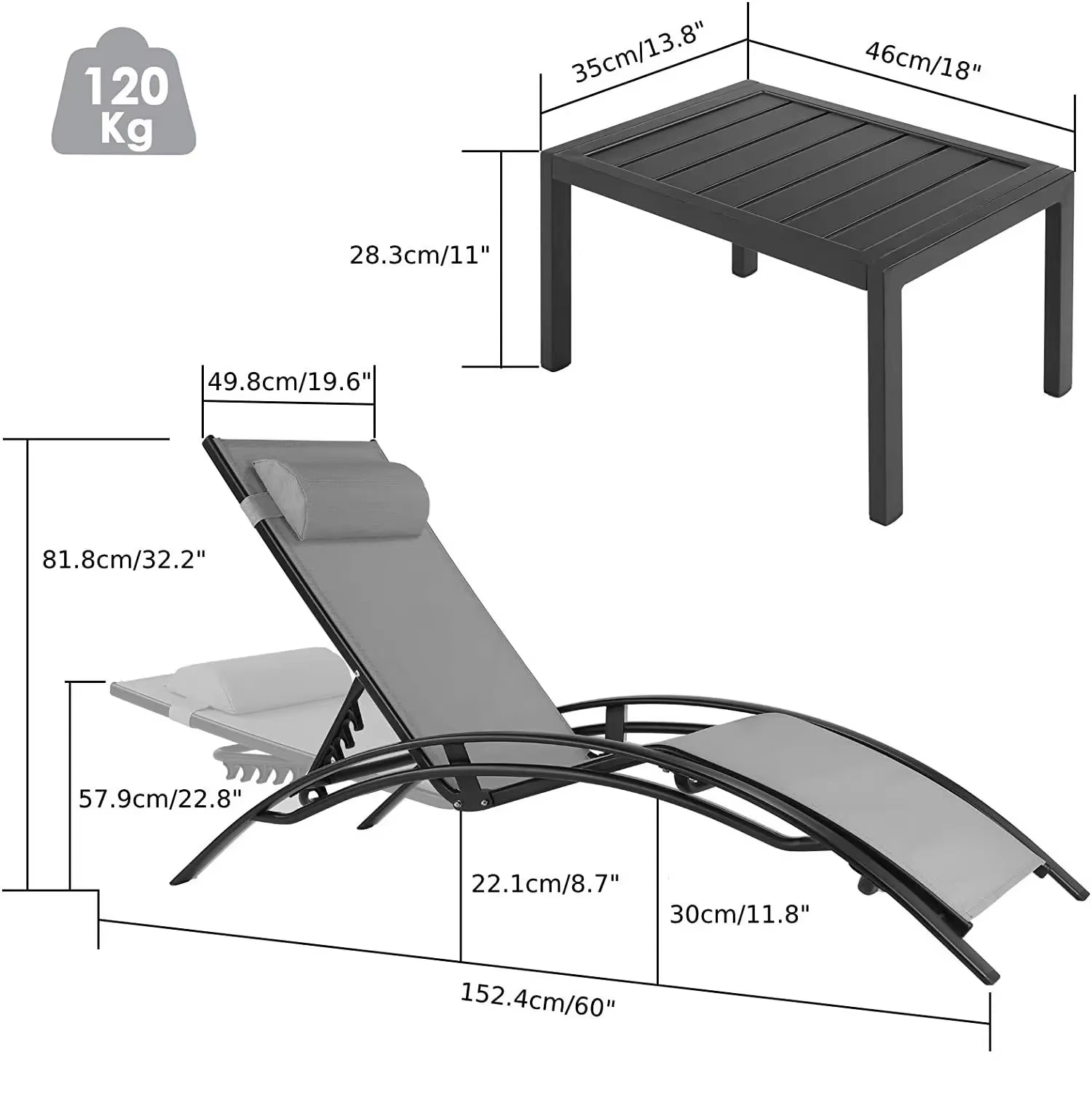 Aluminum Lounge Chair for outside with 5 Adjustable Positions+Table 3Pcs Chaise Outdoor for Pool, Garden,Beach,Camping,Backyard