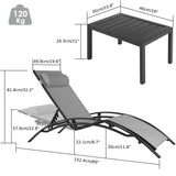 Aluminum Lounge Chair for outside with 5 Adjustable Positions+Table 3Pcs Chaise Outdoor for Pool, Garden,Beach,Camping,Backyard