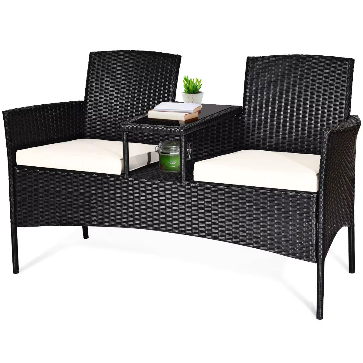 Outdoor Rattan Loveseat, Patio Conversation Set with Cushions & Table, Modern Patented Wicker Sofa Set With, Customized