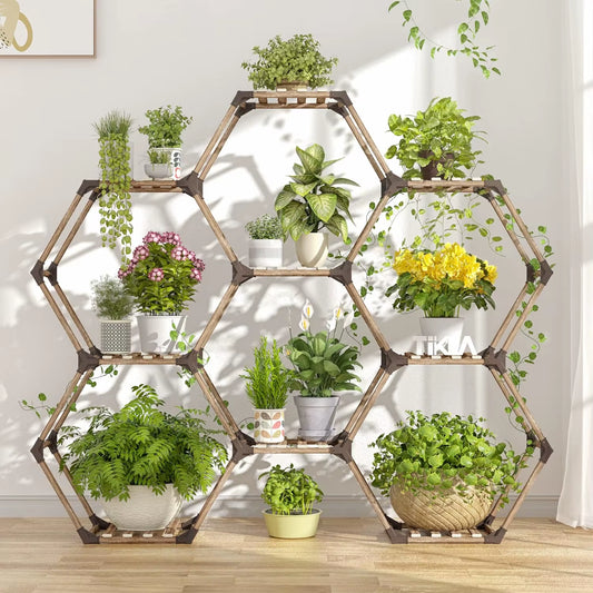 Hexagonal Plant Stand Indoor Outdoor Large Wooden Shelf 6 Tier 9 Pot Holder for Patio Balcony Living Room