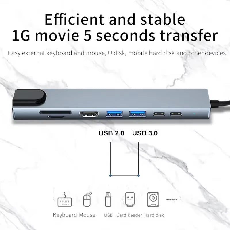 Fast Charge for Laptop Computer 8In1 Type C Hub USB C 8 in 1 USB3.1 to 4K HDMI Adapter with RJ45 SD/TF Card Reader PD