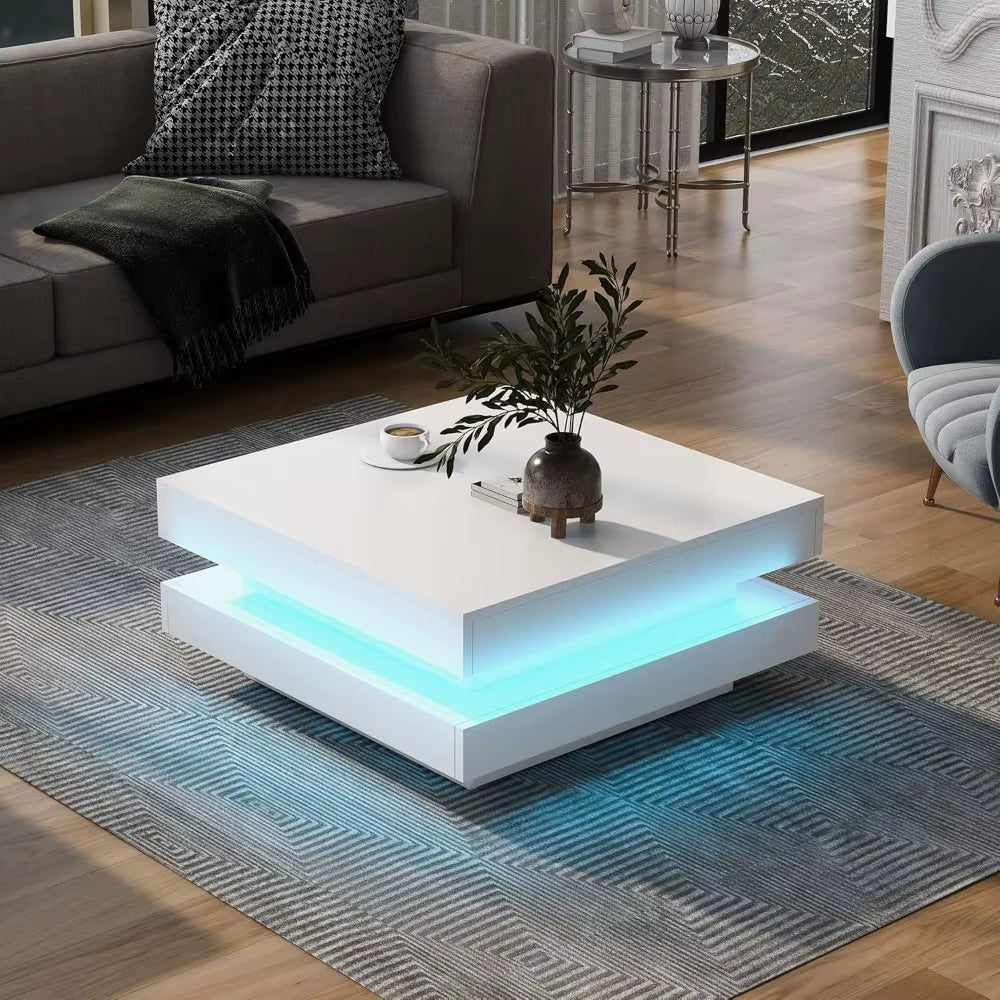 LED Coffee Table for Living Room, 2 Tier Modern Square Middle Center Table, Unique High Gloss Coffee Table with 16 Colors LED