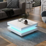 LED Coffee Table for Living Room, 2 Tier Modern Square Middle Center Table, Unique High Gloss Coffee Table with 16 Colors LED