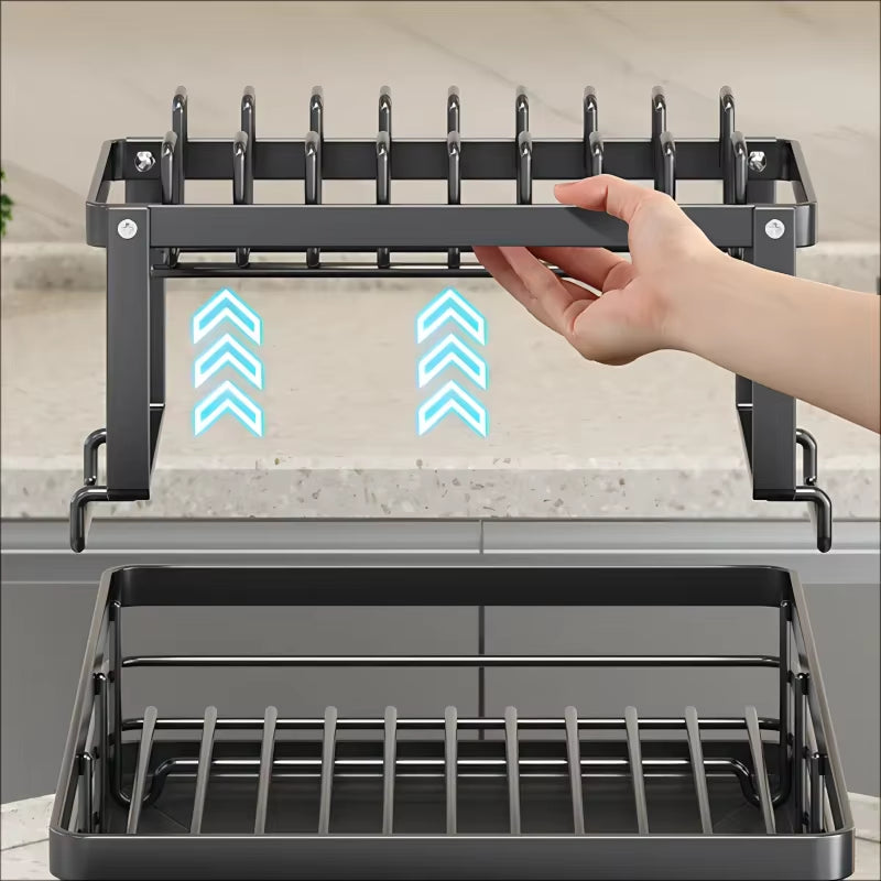 Adjustable Stainless Steel Dish Drying Rack with Drainboard for Over-Sink Plate Organization