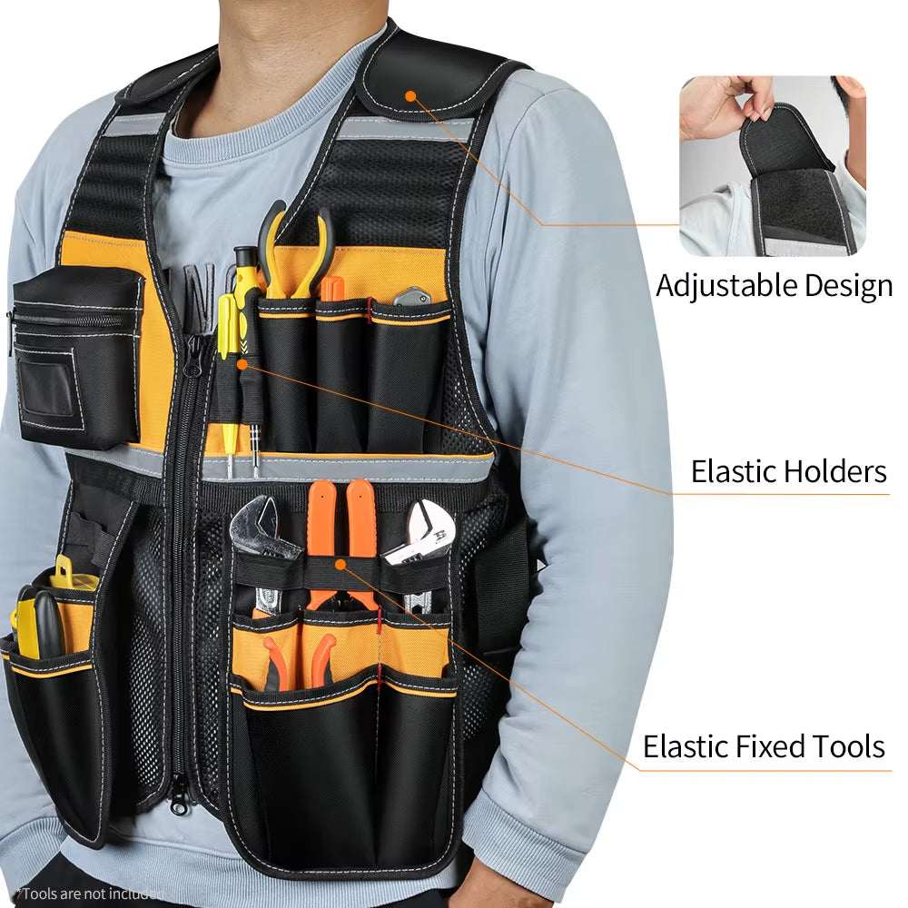 Multi-Pocket Tool Vest with Reflective Strips, Durable Oxford Fabric, Black and Yellow
