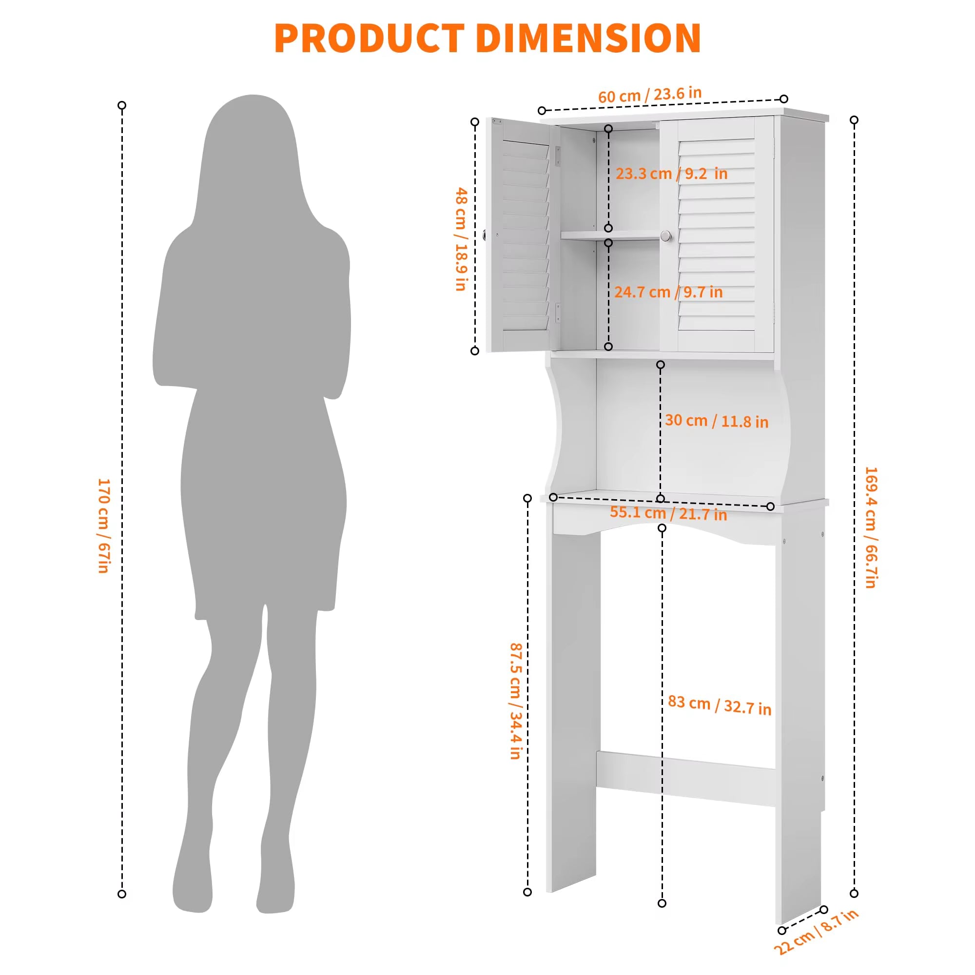 Over the Toilet Storage Cabinet, Space-Saving Bathroom Organizer with Adjustable Shelf & Hooks, Anti-Tip above Toilet Shelf