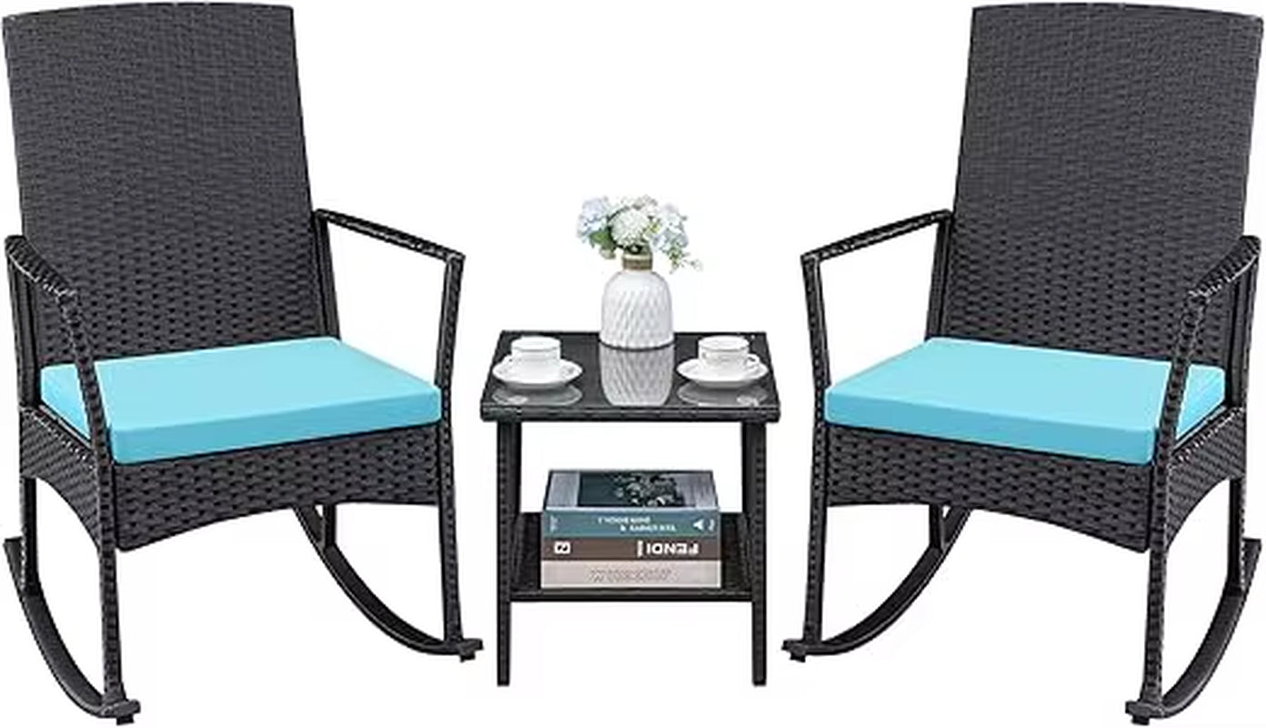 3 Pieces Patio Furniture Set Outdoor Wicker Rocking Chairs with Glass Coffee Table for Garden Backyard Porch Poolside, Beige