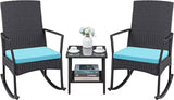 3 Pieces Patio Furniture Set Outdoor Wicker Rocking Chairs with Glass Coffee Table for Garden Backyard Porch Poolside, Beige