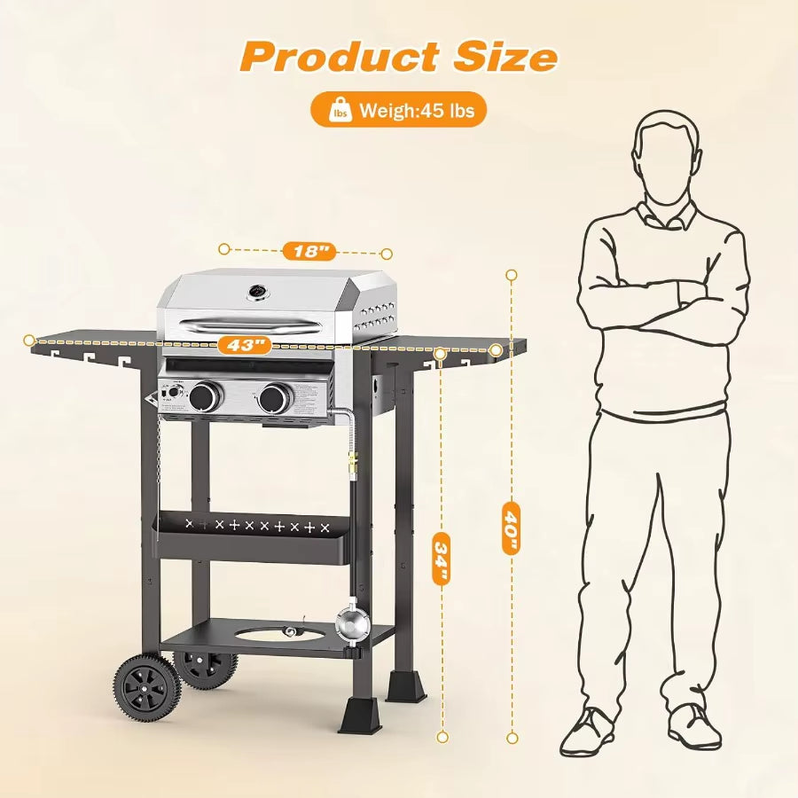 2 Burner BBQ Propane Gas Grill Stainless Steel 16 000 BTU Patio Garden Barbecue Grill with Two Foldable Shelves Gas Grill With