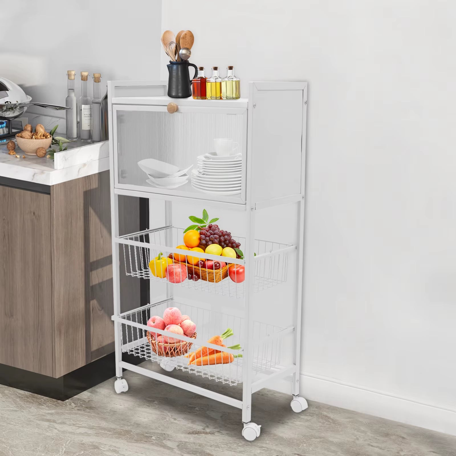4-Storey Kitchen Storage Rack 55X27.5X96.5Cm with Brake Casters Black/White - Organization Solution for Your Kitchen
