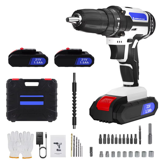 21V Cordless Power Drill and Impact Screwdriver Set with 1500mAh Li-Ion Battery, 25+1 Torque Settings, 45N·m Torque Output