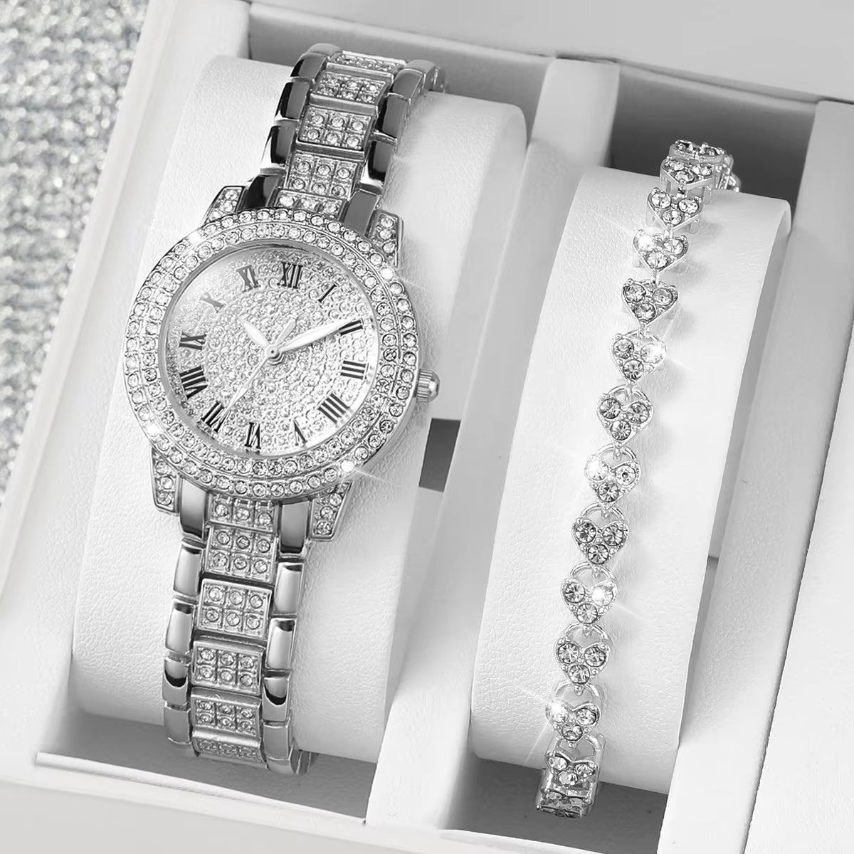 2Pcs/Set Women Stainless Steel Band Diamond Quartz Watch and Bracelet Set