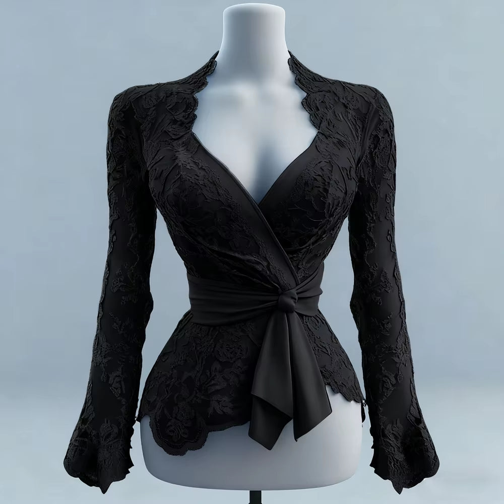 Sexy Women Mesh Lace T-Shirts Long Sleeve Tops Transparent Casual Sheer Basic Tie Front Shirt Blouses for Club Aesthetic Clothes