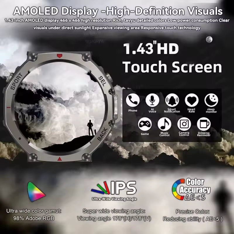 2025 New Military Bluetooth Call Smart Watch Built-In GPS Compass Barometric Altimeter 10ATM Waterproof Sports Smartwatches Men