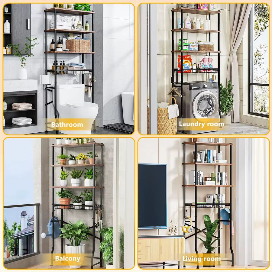 Storage Shelf,4Tier Bathroom Organizer Cabinet Rack and Storage over Toilet with Shelf Waterproof Feet Pad and Basket,Multifunct