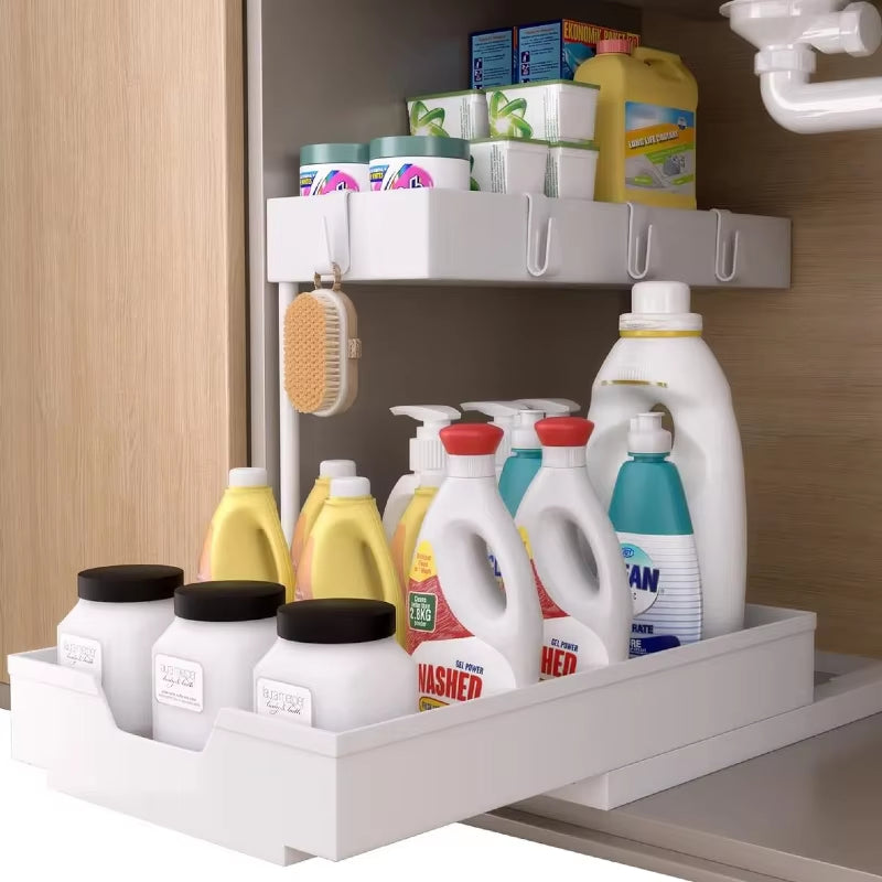 Under-Sink Storage Rack for Bathrooms, Metal Frame Support, Suitable for Bathrooms, Countertops, under Sinks, and Cabinets.