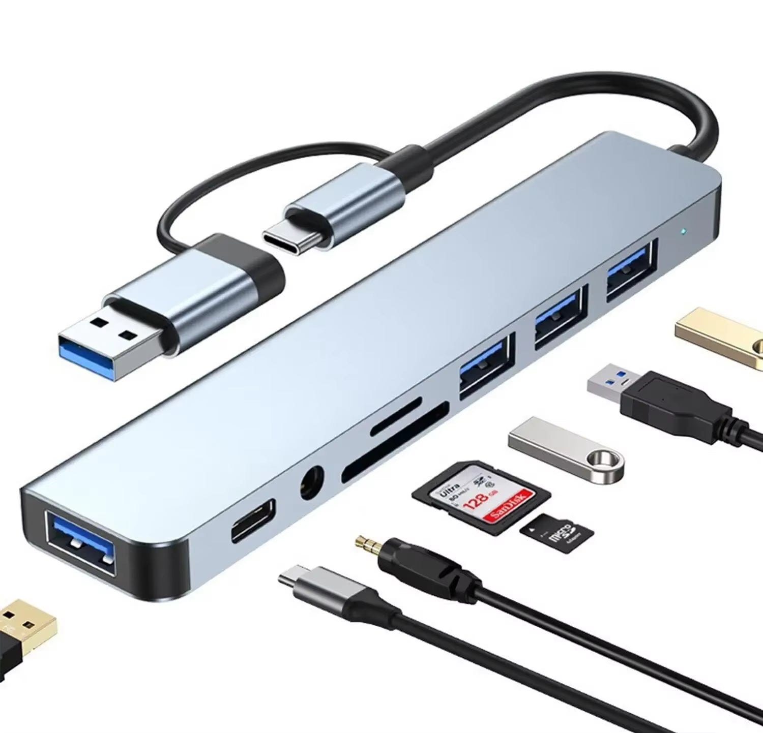 USB HUB 8 in 1 with SD/TF Card Reader 3.5Mm Aux Ports for Macbook Pro Air PC Laptop Tablet