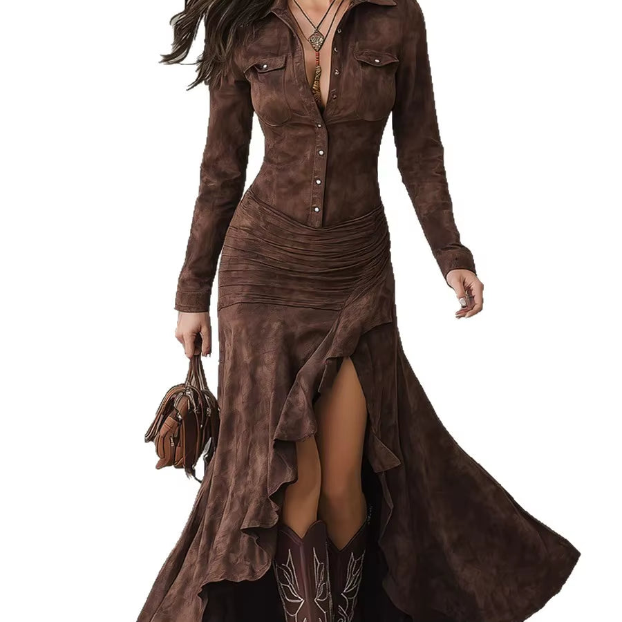 Vintage Slim Long Dress Women 2025 Spring Fall Long Sleeve Bodycon A-Line Maxi Dresses Elegant Robes Femme