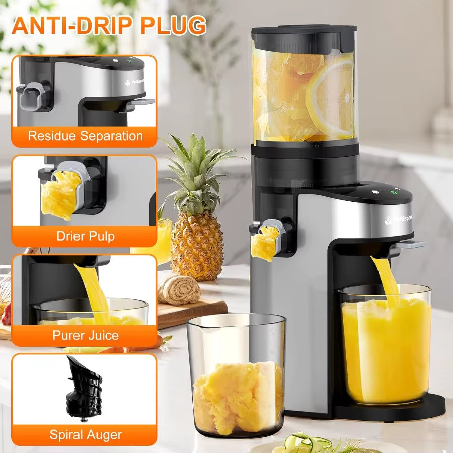 400W Cold Press Juicer with 4.9 Wide Feed Chute for Whole Fruits Vegetables Silver Gray Slow Masticating Juicer with Advanced T