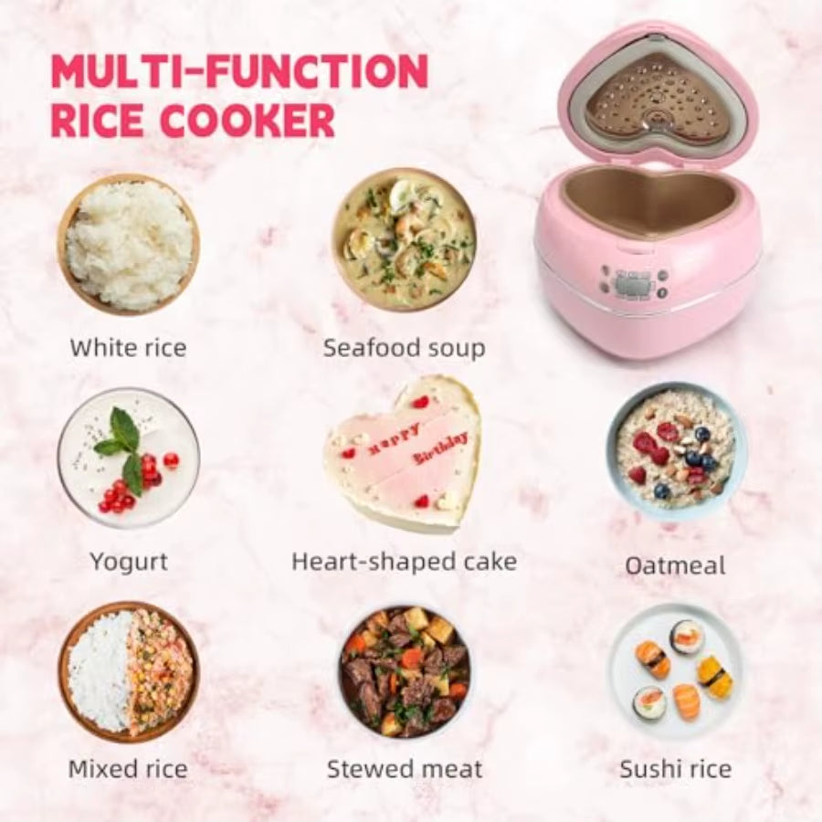 Peach Heart Shape 8 Cup Rice Cooker 4 Cup Uncooked Multifunctional Pink 300W with Preset Timer 1.8L