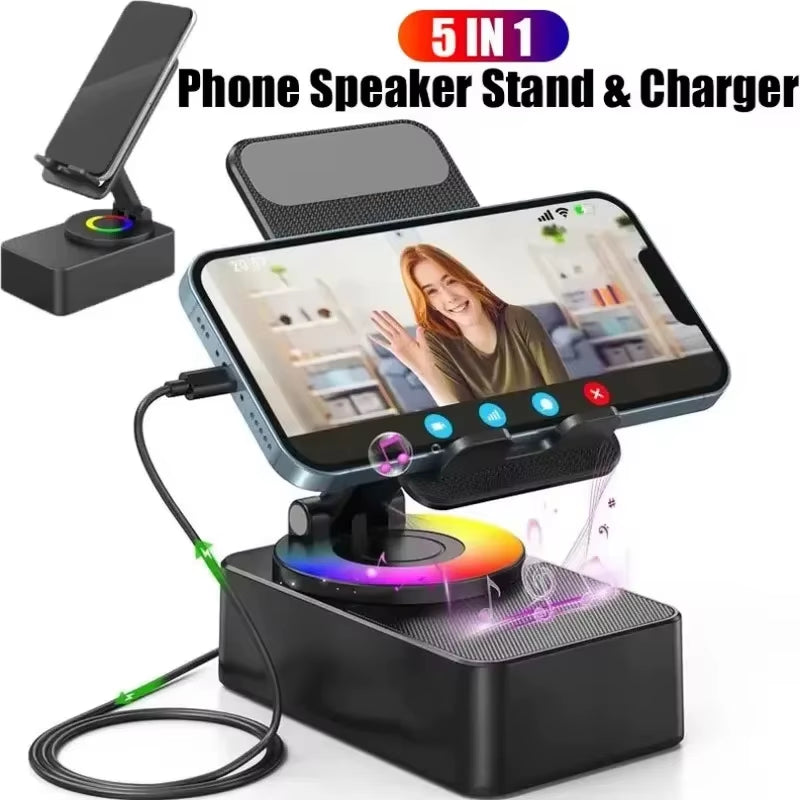 Wireless Bluetooth Speaker 5-In-1 Desktop Mobile Phone Holder Portable Power Bank Charge for Kitchen Travel Party Gym Outdoors