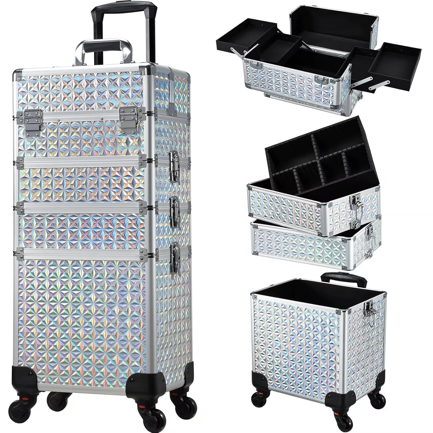 Makeup Trolley Case Detachable 4 in 1 Alloy Train Briefcase for Nail Manicure on Wheels Lock Salon Large Capacity Storage Case